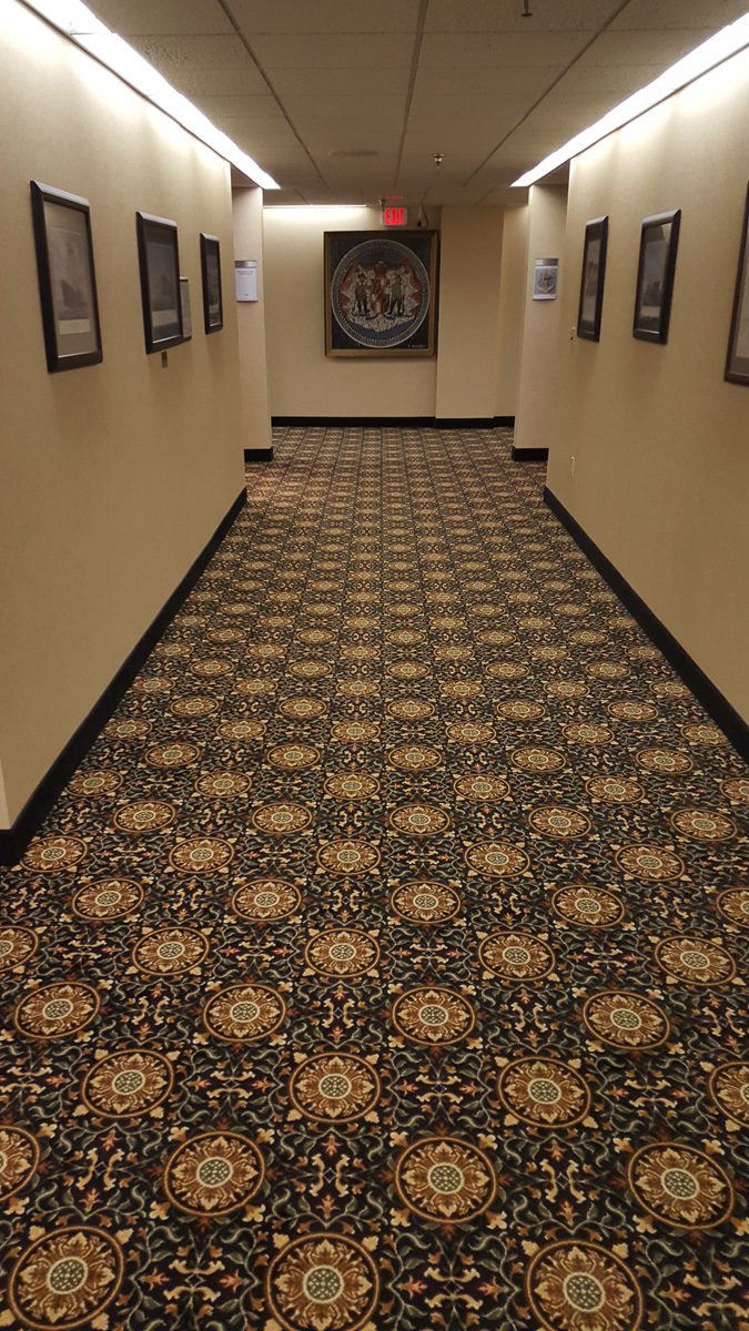 Carpeted hotel corridor with lighting