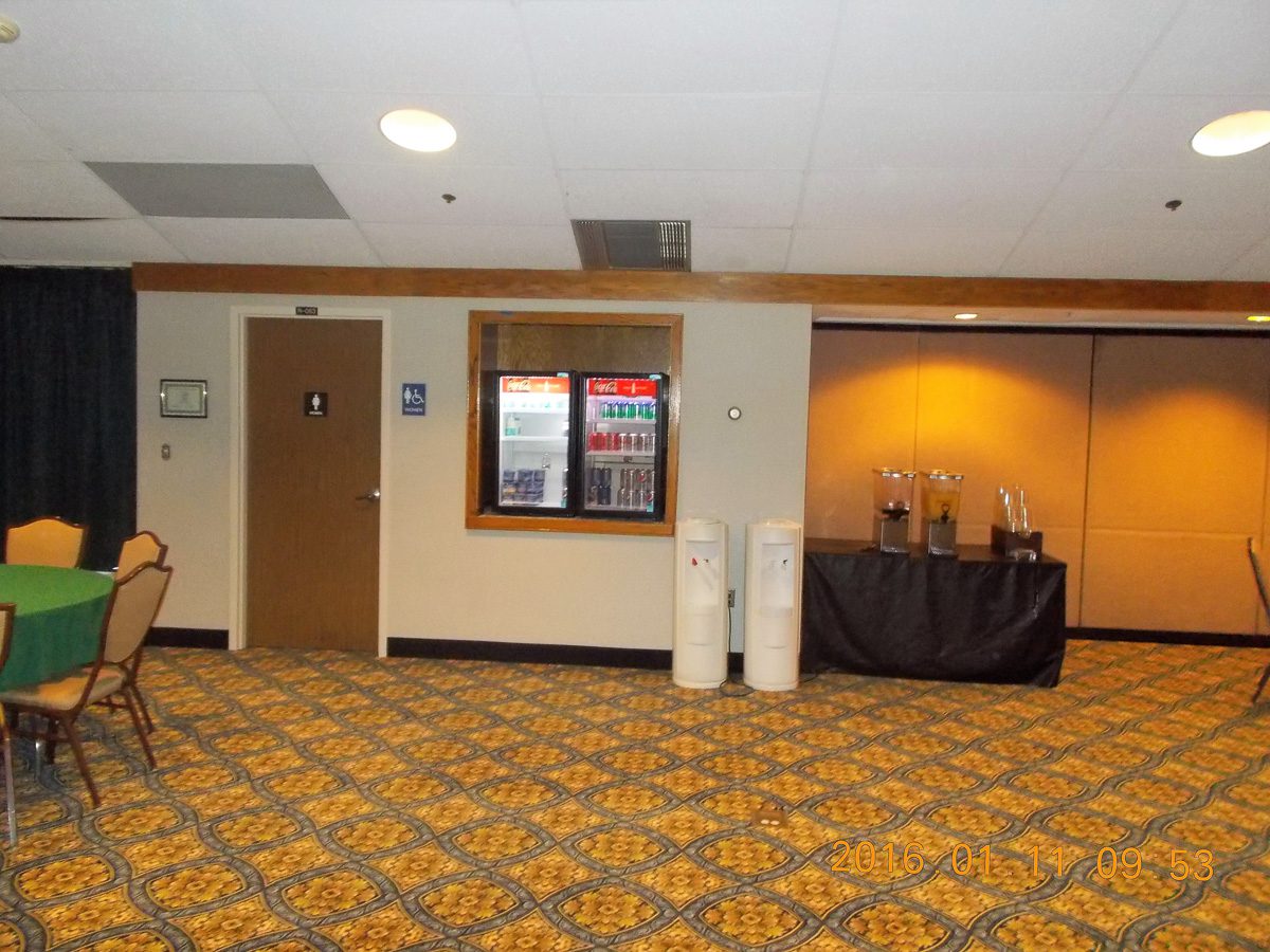 Room with vending machine and tables