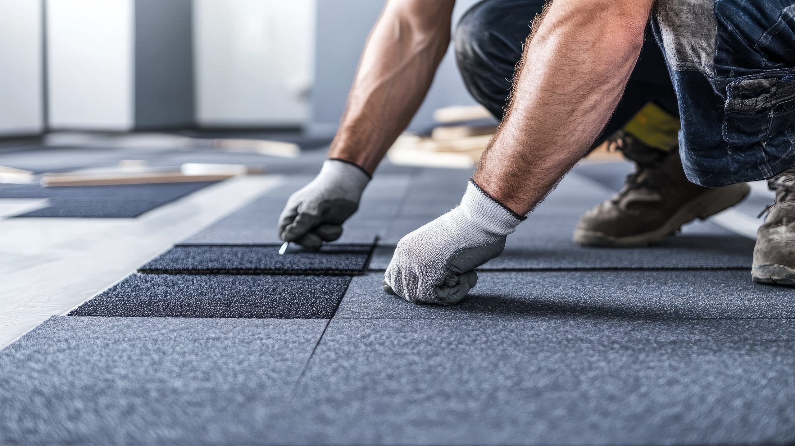 Man installing carpet tiles on floor.