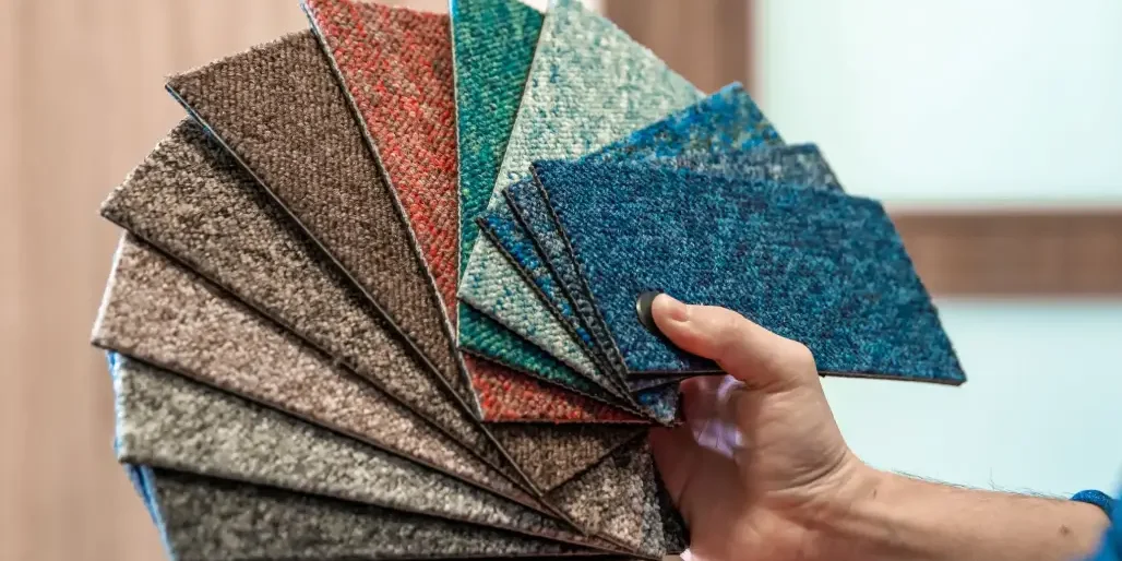 Hand holding multiple carpet color swatches.